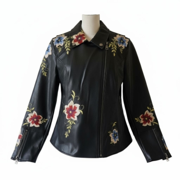 dennis basso Jackets & Blazers - New Dennis Basso Madison Ave Embroider Floral Black Faux Leather Moto Jacket XL